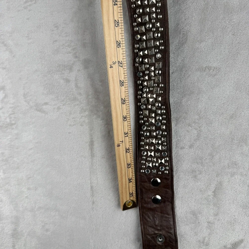 y2k Brown Leather Studded Wide Waist Belt Silver Pyramid Rivet Crystal 35in